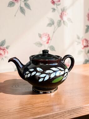 Vintage Canadian Pottery Brown Ceramic Teapot Hand Painted Leaves 10"